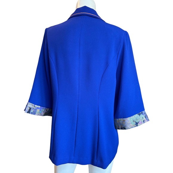 Vintage Asian Tapestry Royal Blue Button Down Crepe Jacket 3/4 Sleeves sz XL - Picture 2 of 5